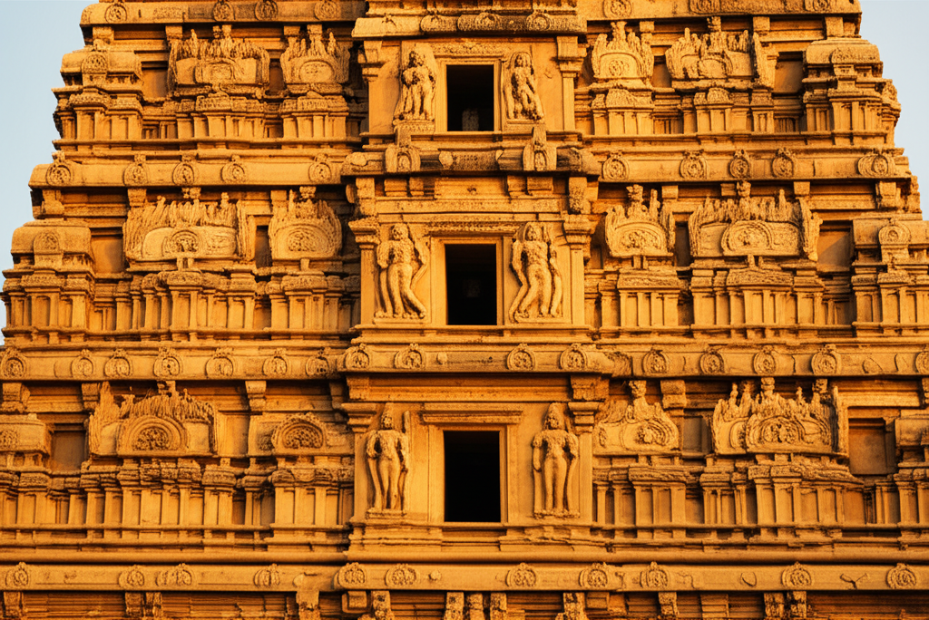 Ancient Indian temple with astronomical carvings and celestial motifs representing Vedic wisdom